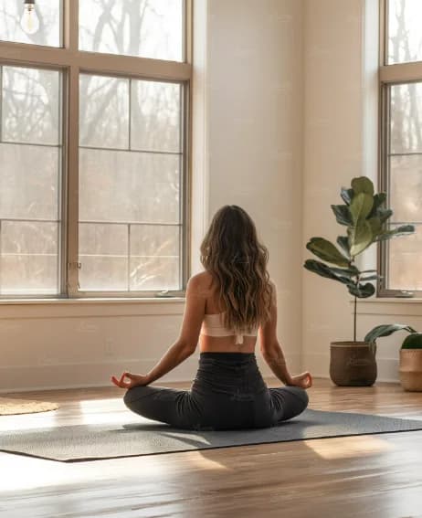Mujer meditando sentada en una esterilla, de espaldas, junto a una ventana
