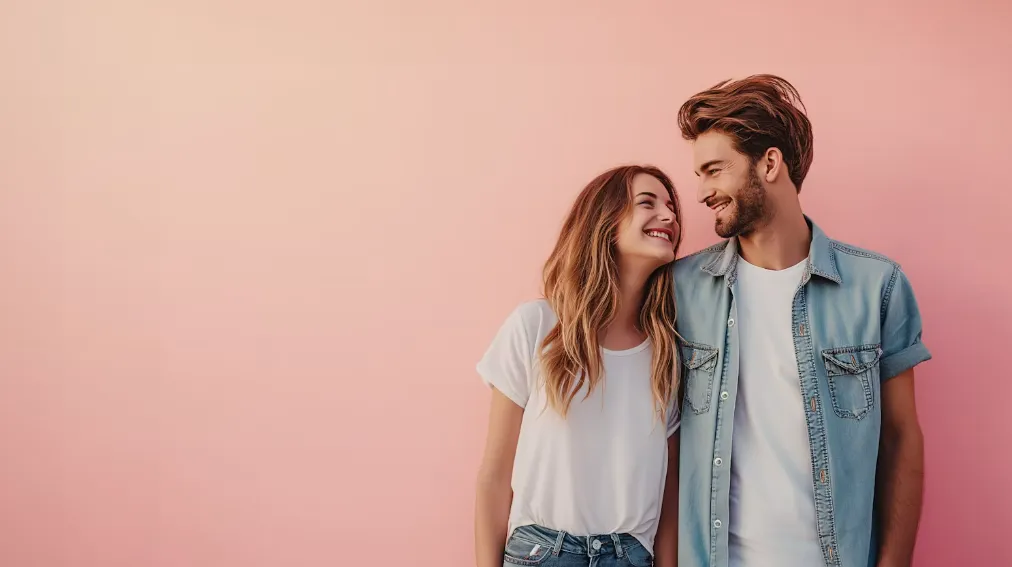 Pareja sonriéndose con complicidad sobre un fondo rosa